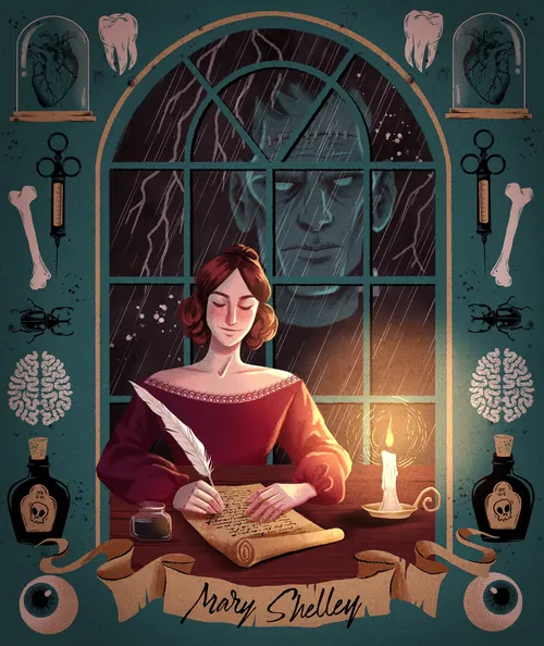 Mary Shelley writing by candlelight in a storm, Frankenstein's face in window art by Camila Gray