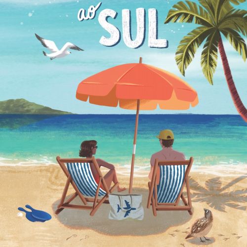 Two people sitting under umbrella on beach by ocean with palm trees, illustration by Camila Gray