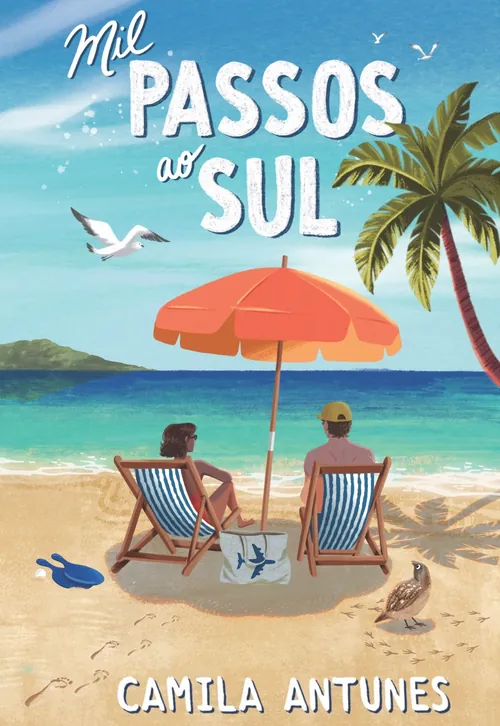 Two people sitting under umbrella on beach by ocean with palm trees, illustration by Camila Gray