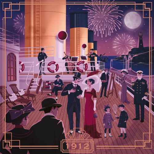 Titanic deck scene with passengers and fireworks by artist Camila Gray