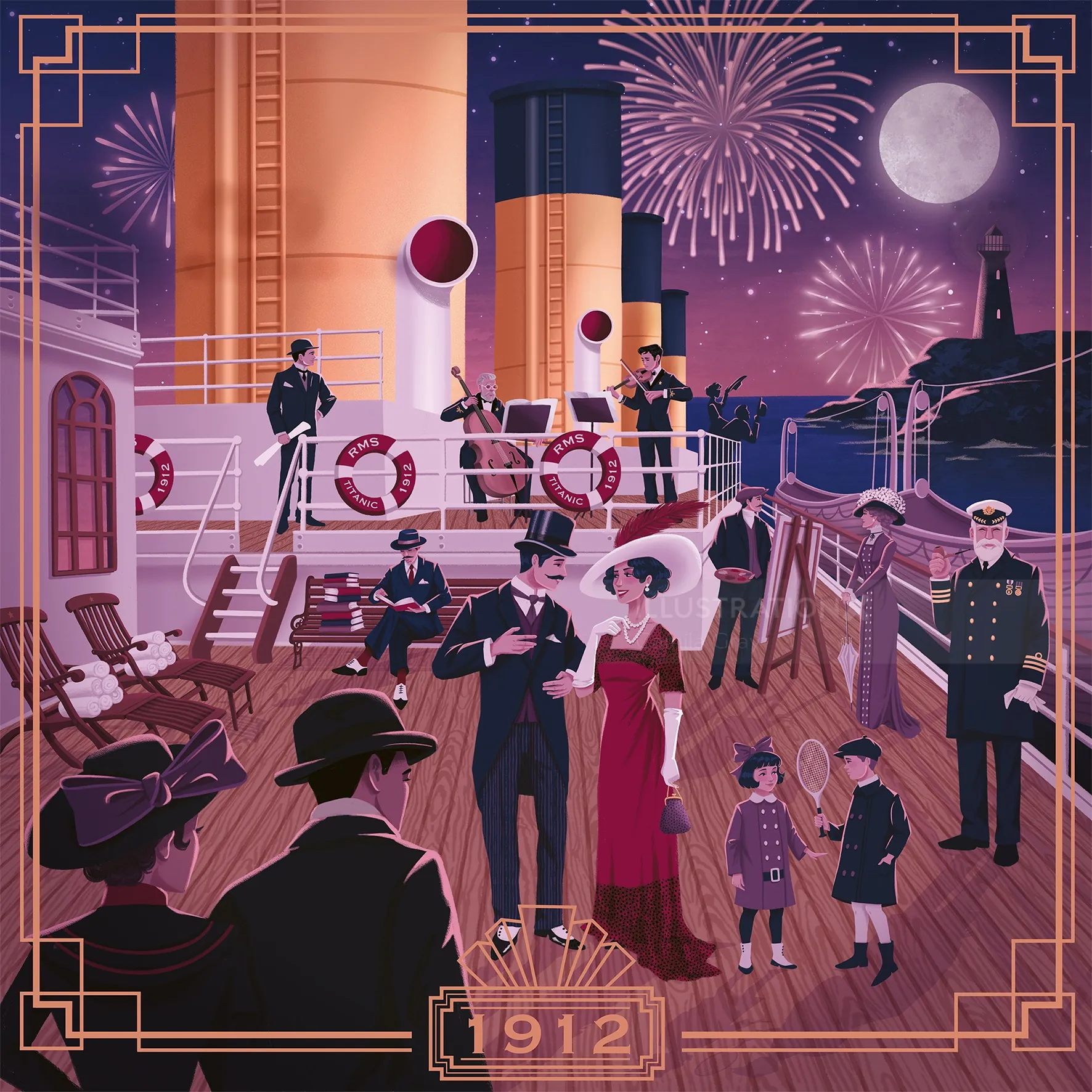 Titanic deck scene with passengers and fireworks by artist Camila Gray