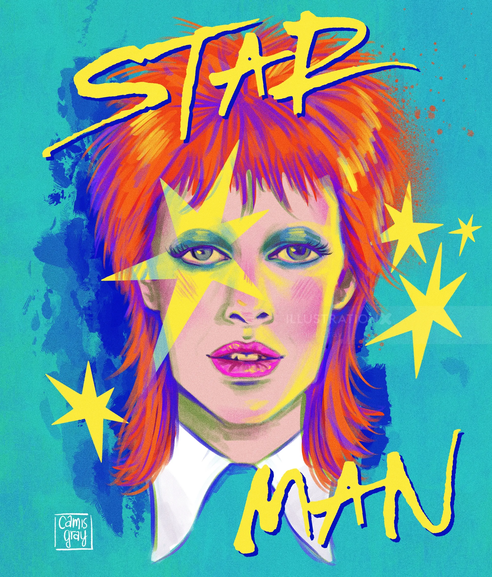 Digital portrait of David Bowie with bright star motifs by Camila Gray