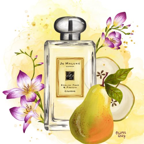 Jo Malone Pear & Freesia perfume bottle with flowers and fruit by Camila Gray