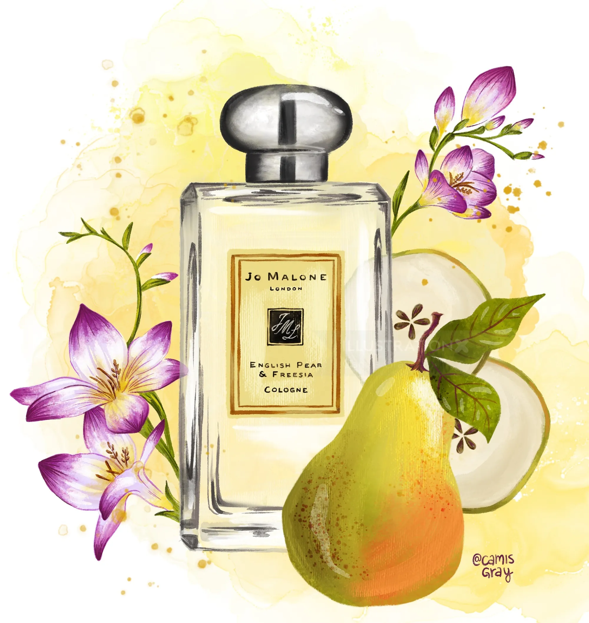 Jo Malone Pear & Freesia perfume bottle with flowers and fruit by Camila Gray