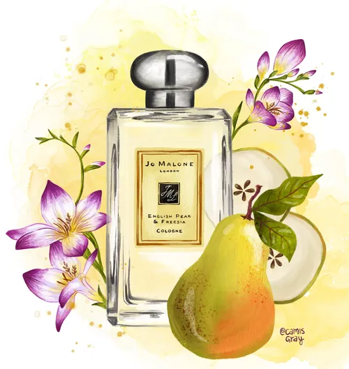 Jo Malone Pear & Freesia perfume bottle with flowers and fruit by Camila Gray