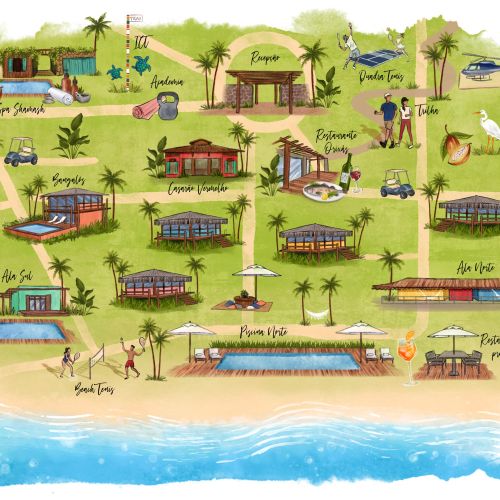 Illustrated tropical resort map by the beach with buildings and palm trees by Camila Gray