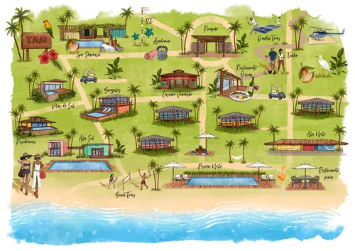 Illustrated tropical resort map by the beach with buildings and palm trees by Camila Gray