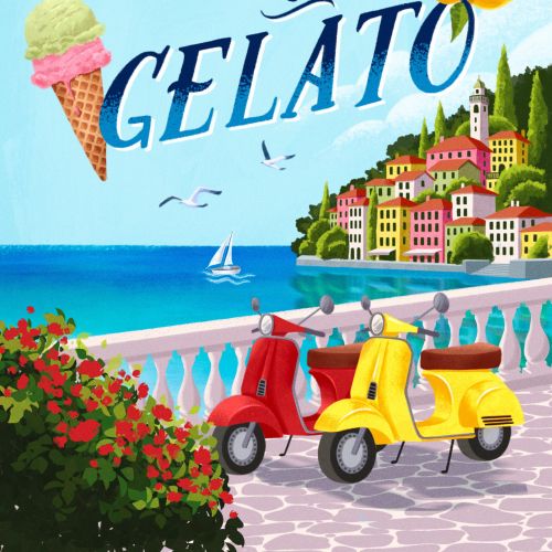 Mediterranean book cover with Vespas and gelato cones by Camila Gray