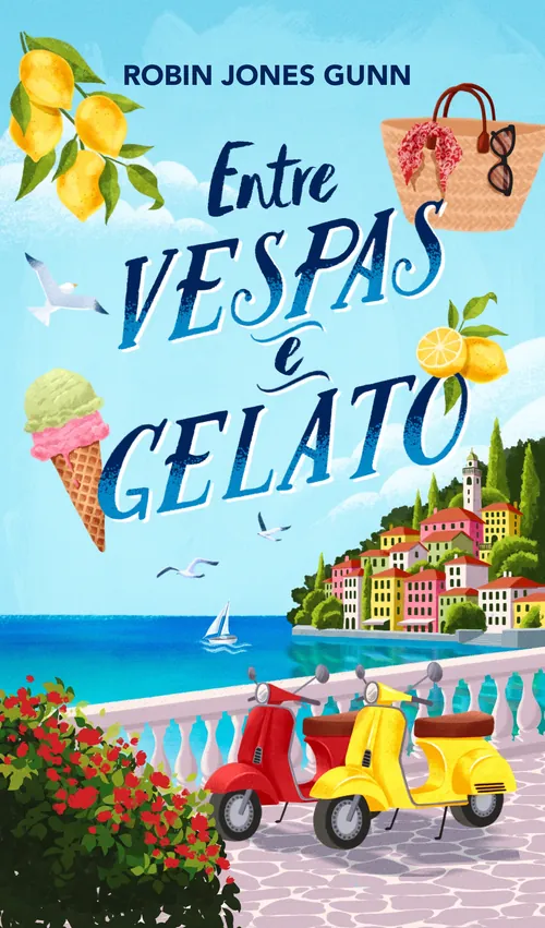 Mediterranean book cover with Vespas and gelato cones by Camila Gray