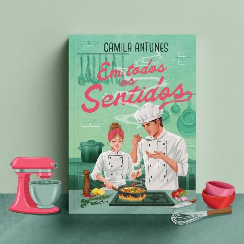 Book cover Em todos os Sentidos with chefs and cooking utensils by Camila Gray