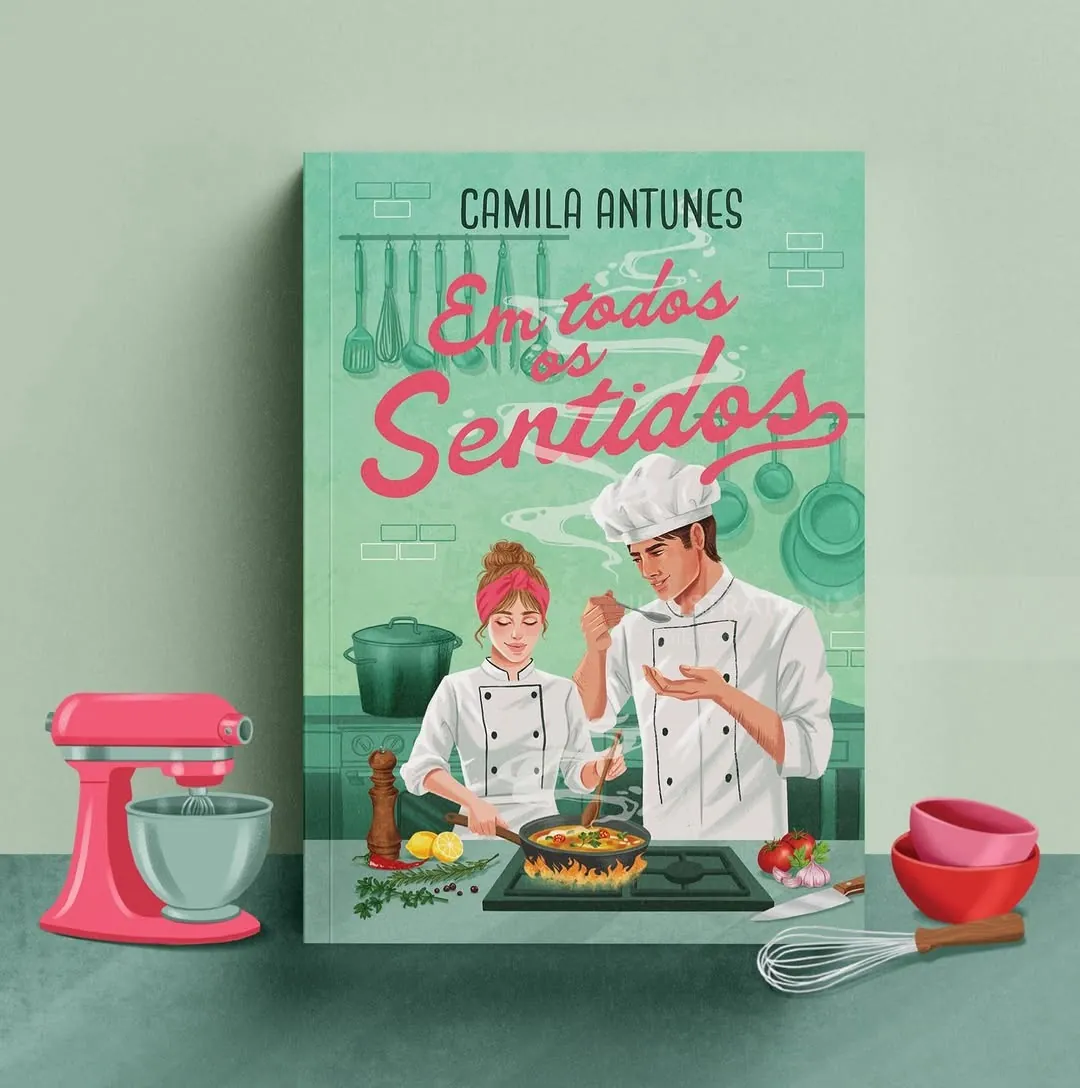 Book cover Em todos os Sentidos with chefs and cooking utensils by Camila Gray