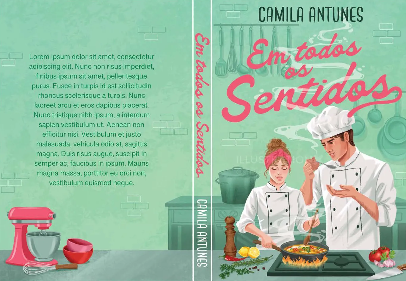 Illustration of two chefs cooking together with kitchen utensils by Camila Gray