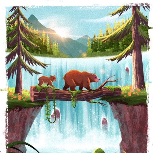 Bears fishing by a waterfall in a forest landscape by Camila Gray