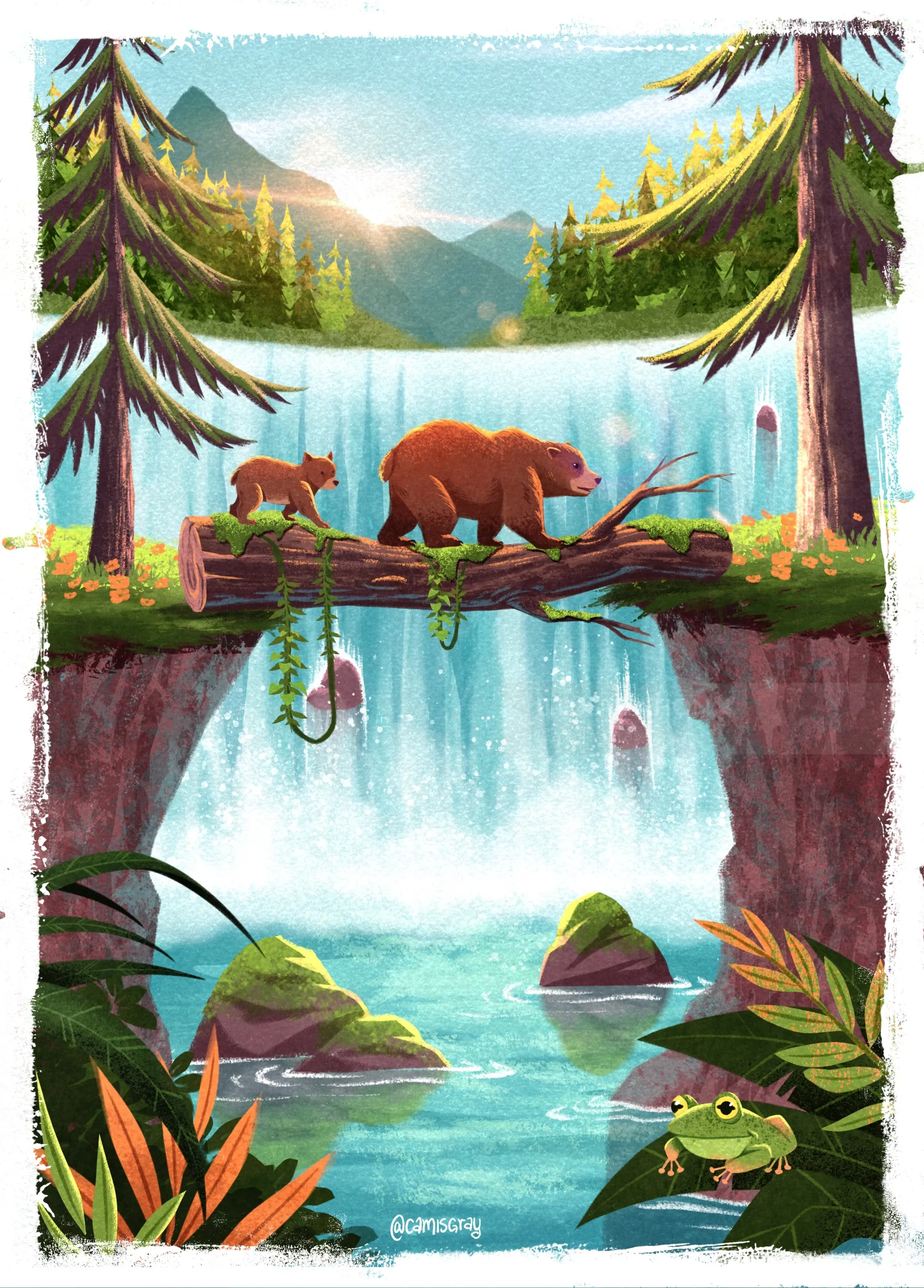 Bears fishing by a waterfall in a forest landscape by Camila Gray