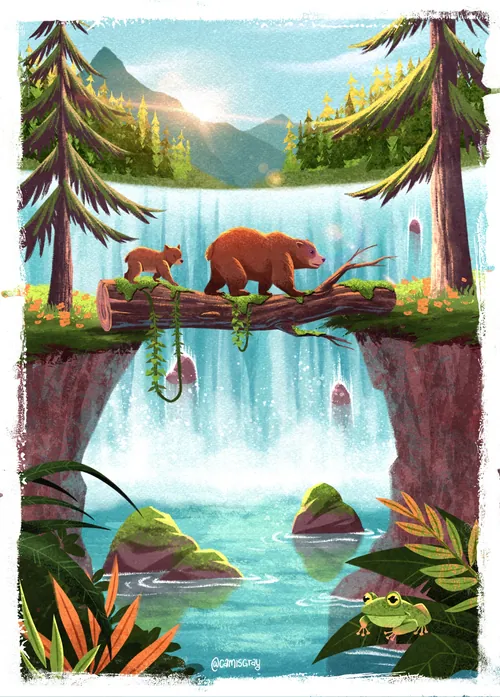 Bears fishing by a waterfall in a forest landscape by Camila Gray