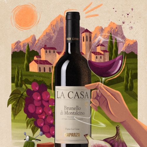 Wine bottle, glass, grapes, and fig with Montalcino landscape by Camila Gray