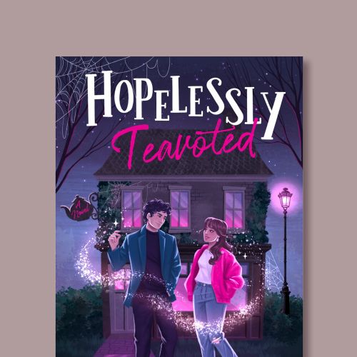Hopelessly Teavisted book cover by Camila Gray showing couple with cat and glowing lights