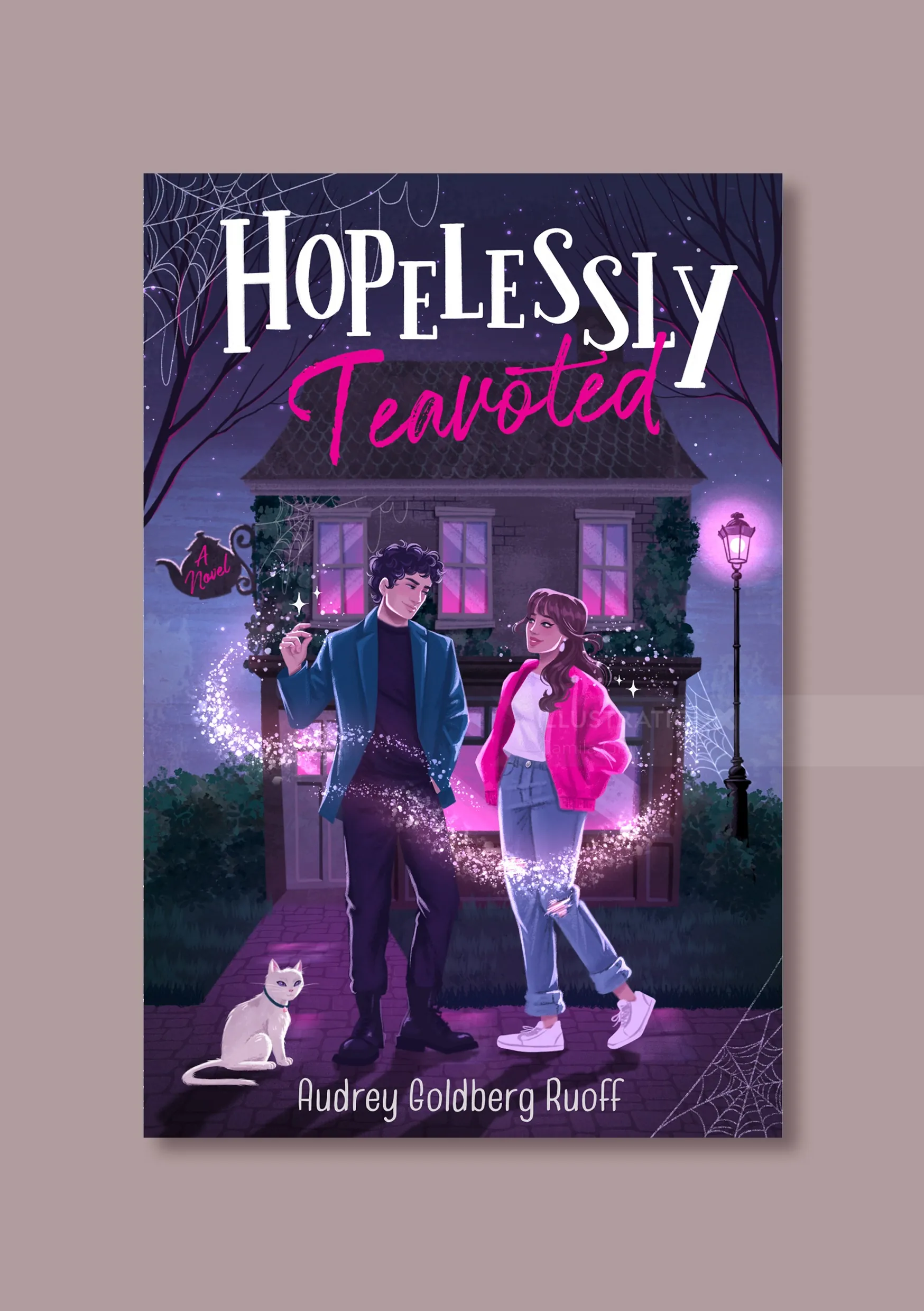 Hopelessly Teavisted book cover by Camila Gray showing couple with cat and glowing lights