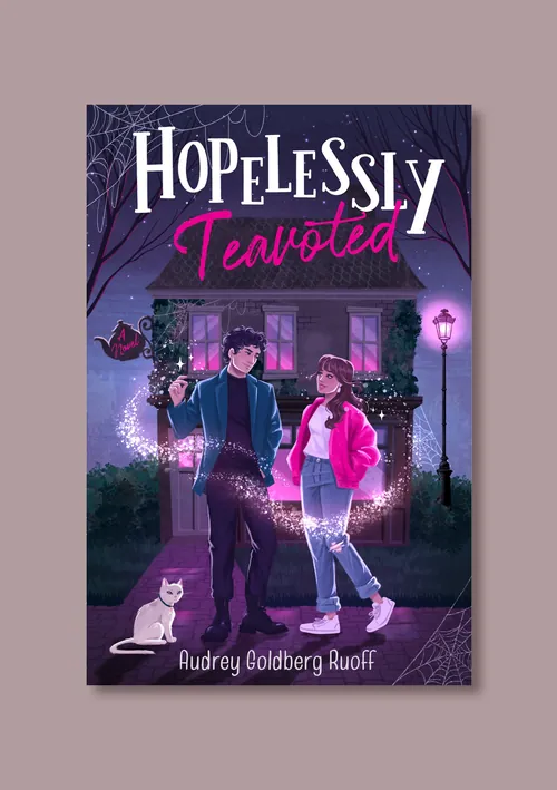 Hopelessly Teavisted book cover by Camila Gray showing couple with cat and glowing lights