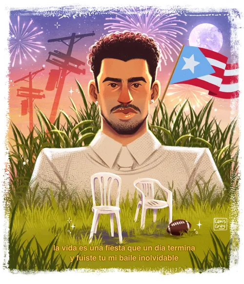 Camila Gray Illustration d'un homme dans l'herbe sous des feux d'artifice et des drapeaux