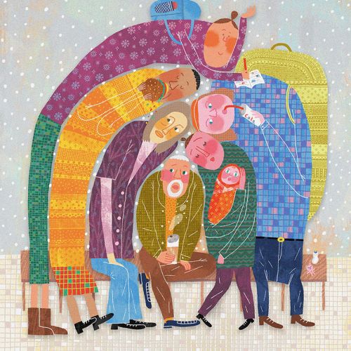 Group of colorful abstract people standing together in snow