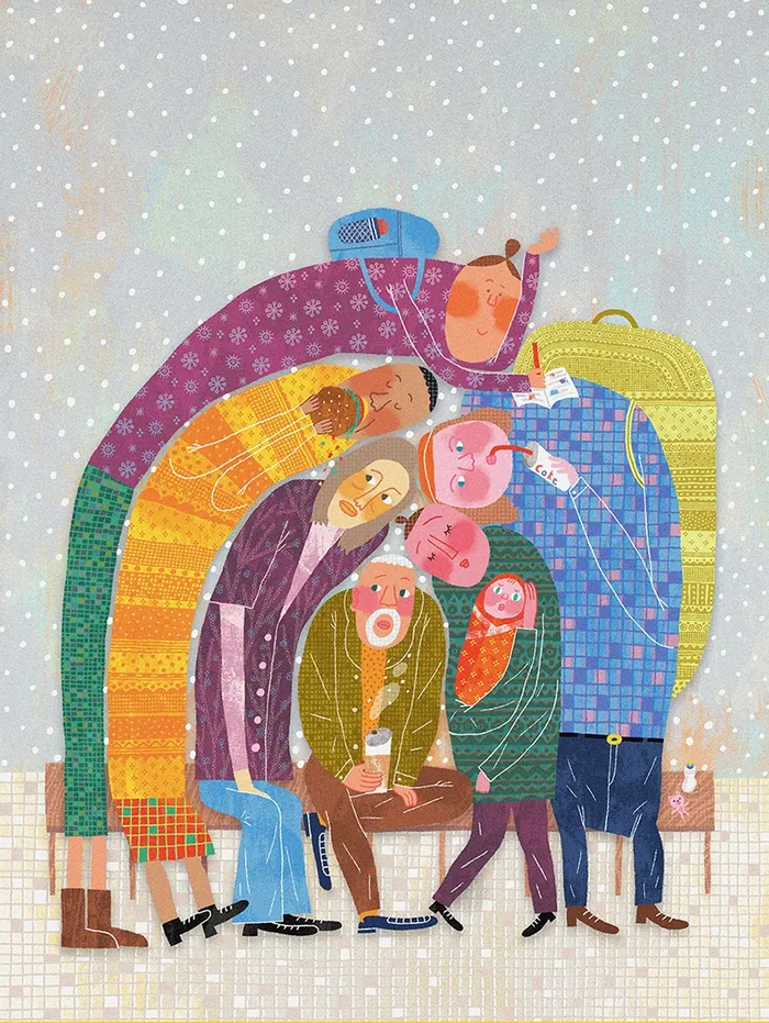 Group of colorful abstract people standing together in snow