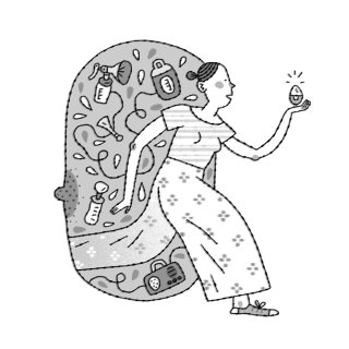 Ilustração editorial em preto e branco de uma bomba tira leite