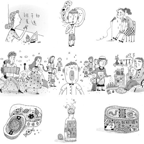 Black and white cartoons showing diverse quirky characters in different scenes