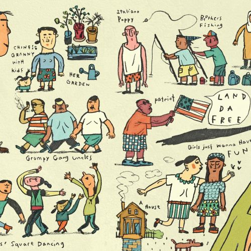 Colorful cartoon of diverse characters interacting in NYC