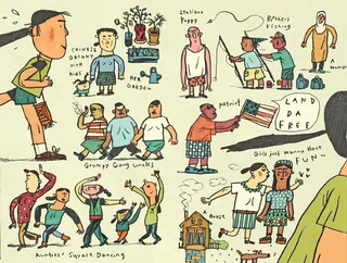 Colorful cartoon of diverse characters interacting in NYC
