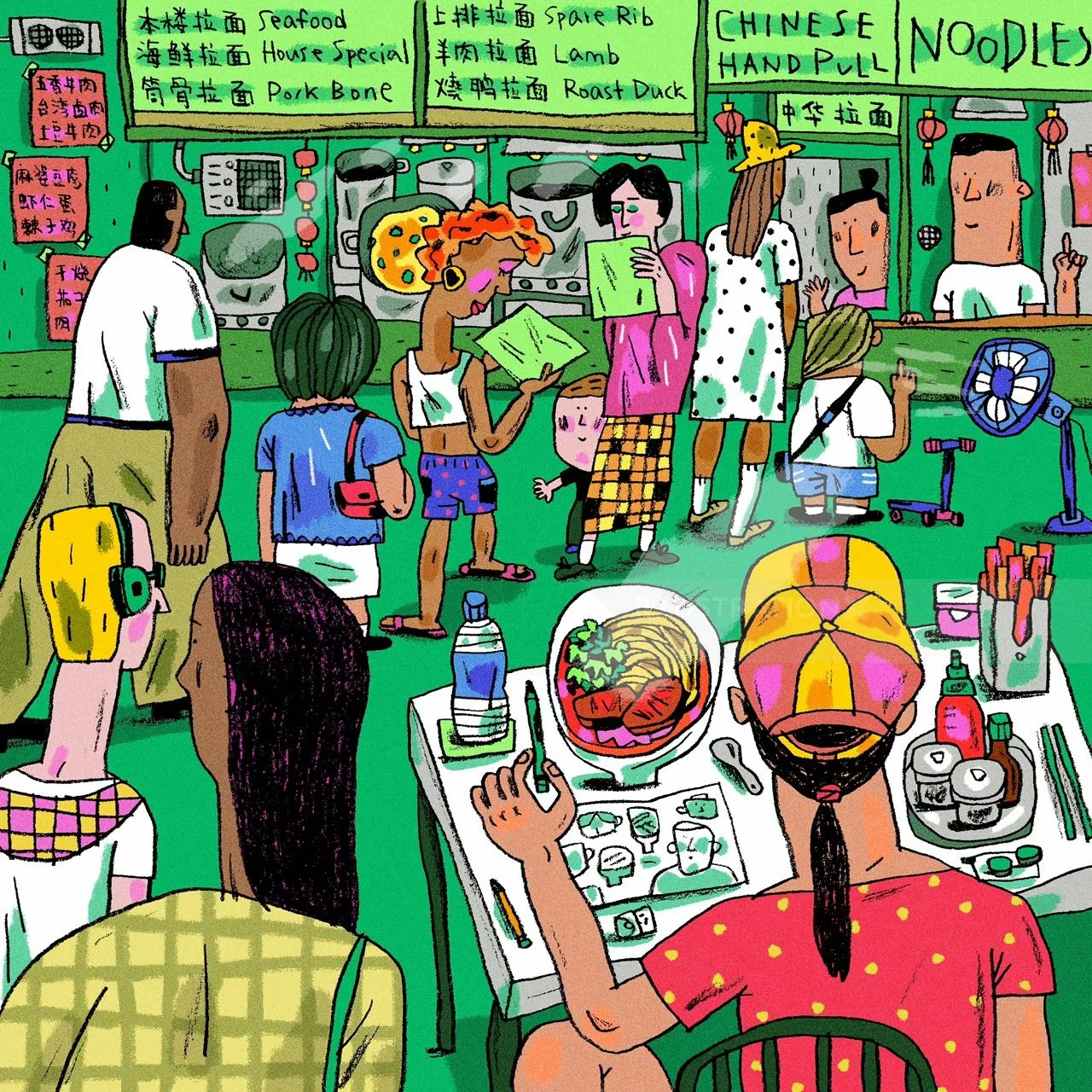 Chaotic noodle shop in cartoon style
