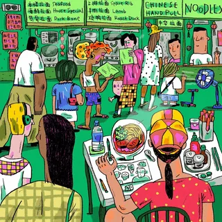 Chaotic noodle shop in cartoon style