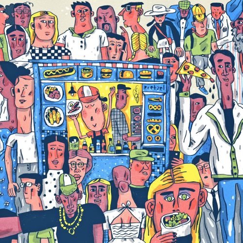 Cartoon diverse people surrounding a vending machine in bright colors