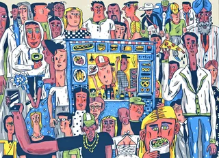 Cartoon diverse people surrounding a vending machine in bright colors