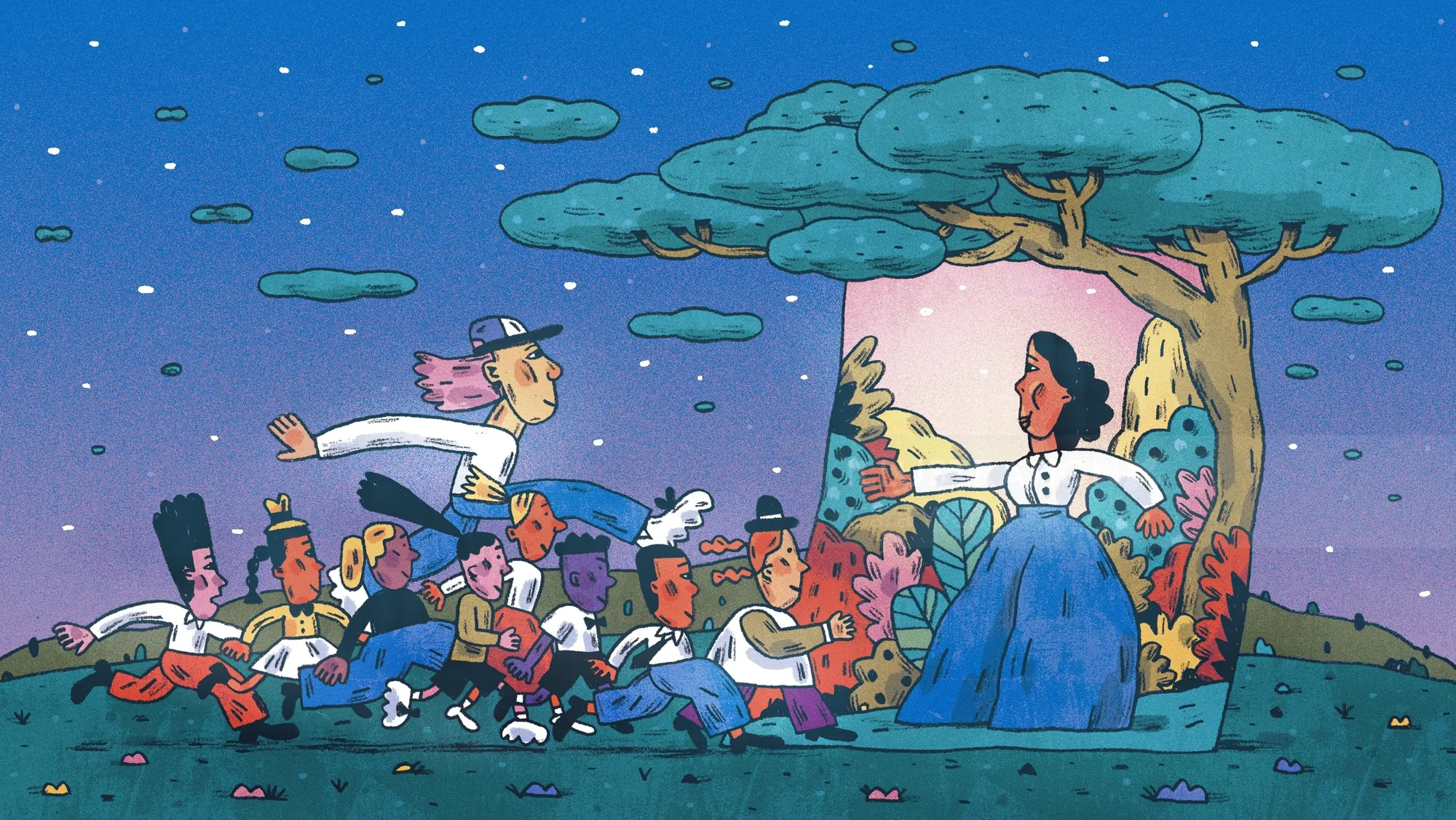 Children happily running towards a woman standing near a tree at sunset