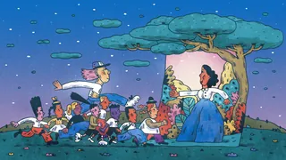 Children happily running towards a woman standing near a tree at sunset
