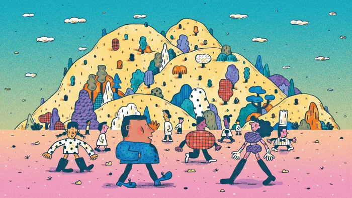 Cartoon characters walking on pink terrain with colorful hills and trees behind