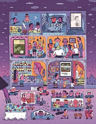 Busy multi-level building cartoon with diverse characters and colorful activities