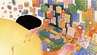Person sweating and overwhelmed by many floating digital documents and alerts