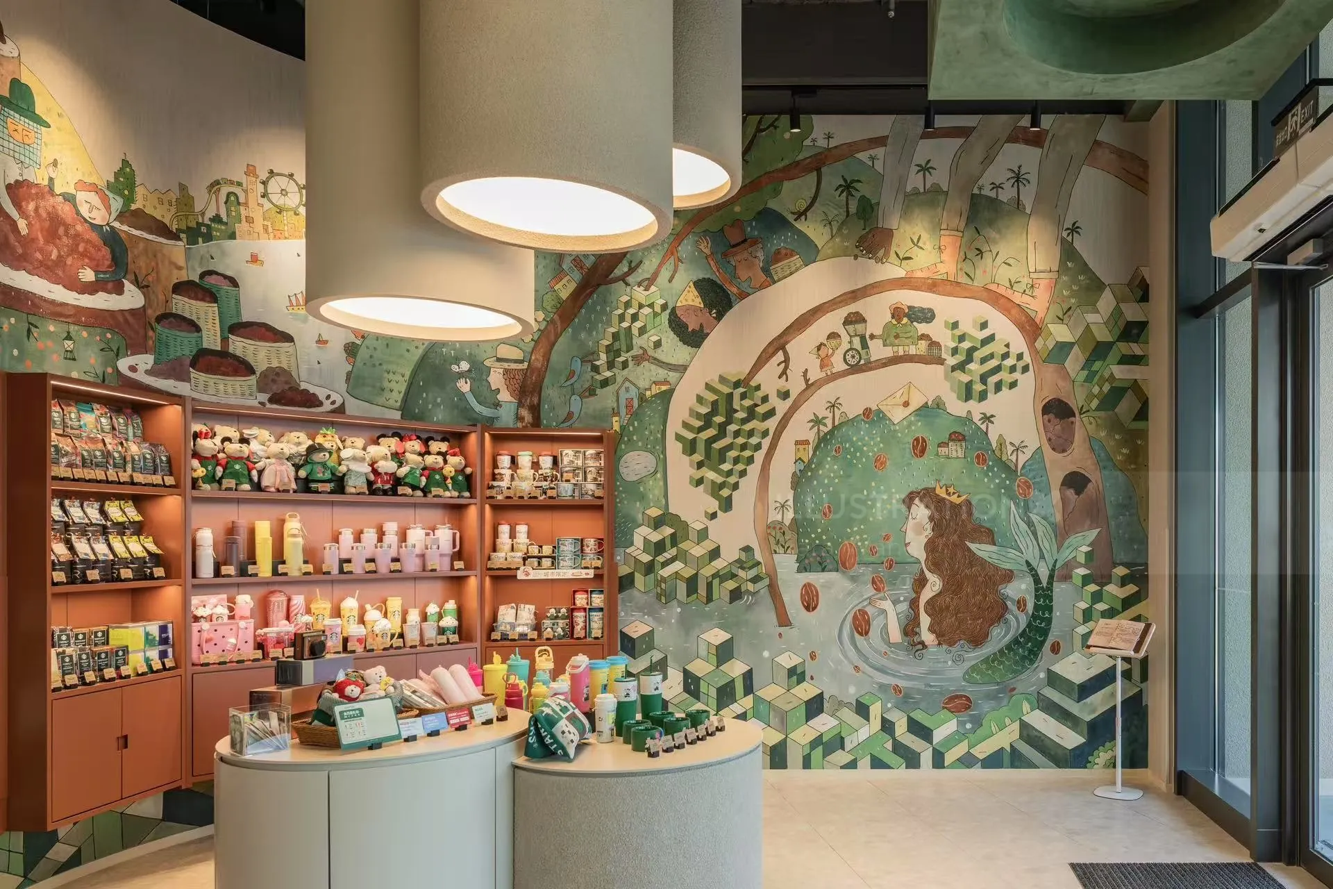 Store interior with shelves of products and a large bear mural on wall