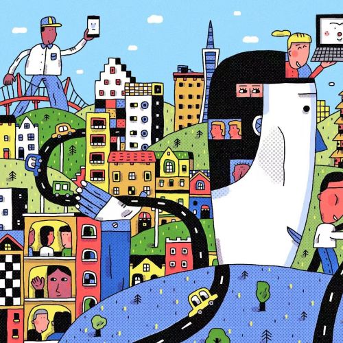 Colorful cityscape with people using smartphones and technology by Cara Wang