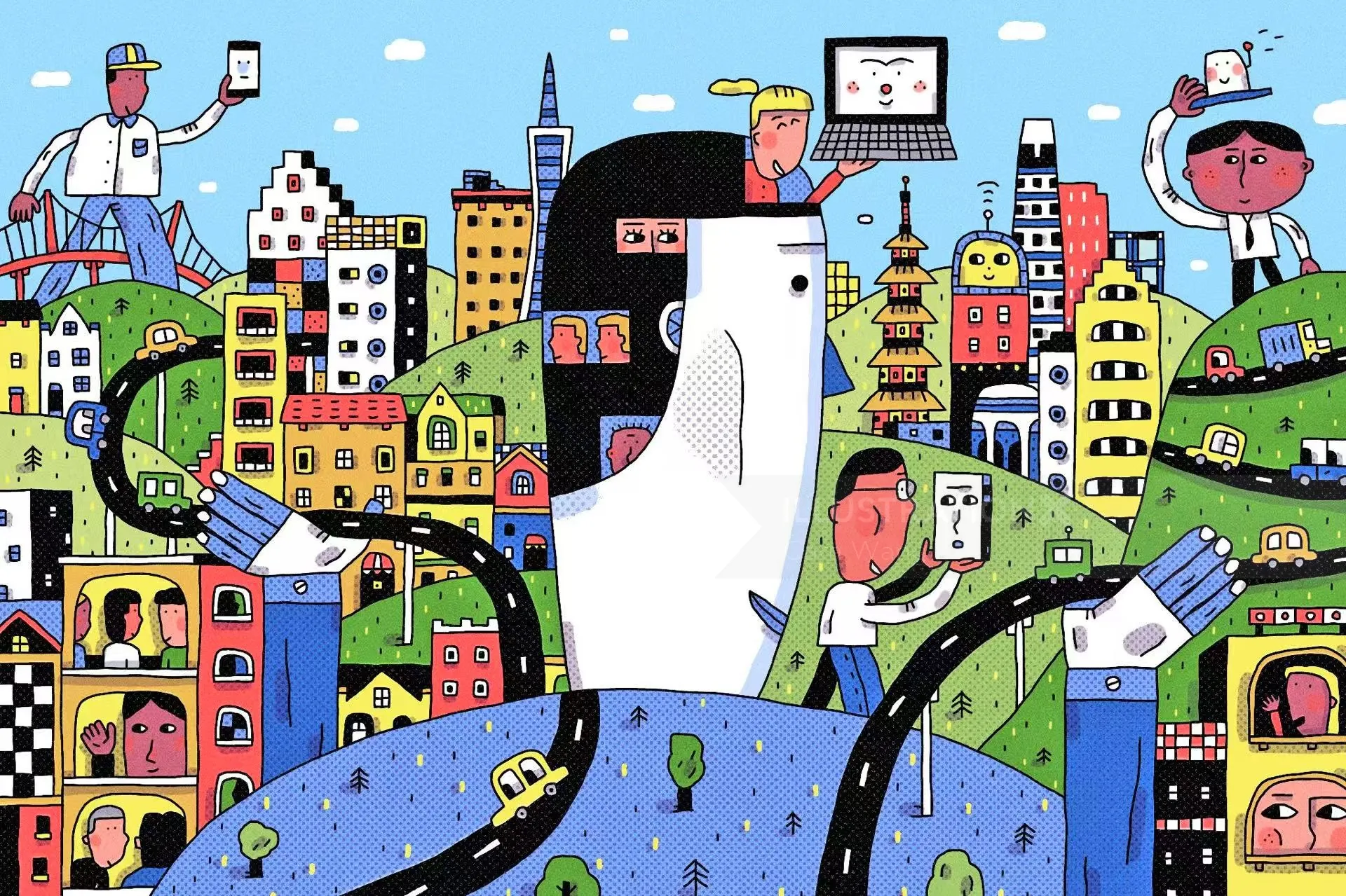 Paisaje urbano colorido con personas usando teléfonos inteligentes y tecnología por Cara Wang