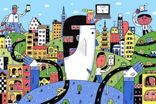Illustration of a vibrant city with people interacting with smartphones.