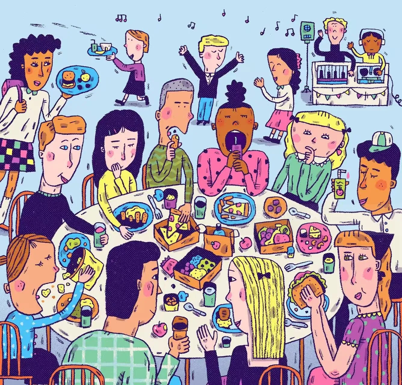 People eating and socializing at a large table with food and drinks