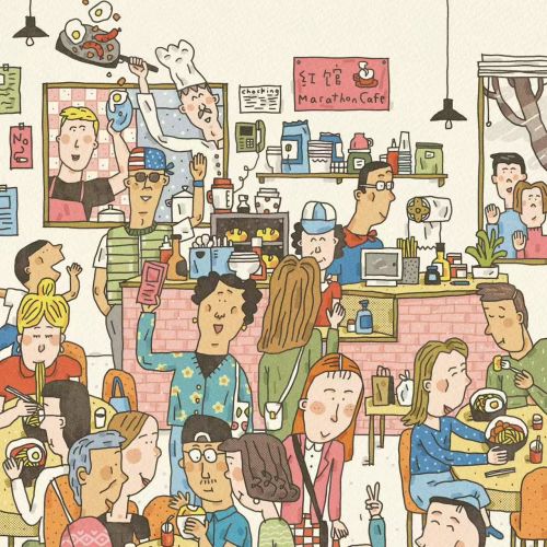 Colorful illustration of crowded coffee shop with people drinking and talking
