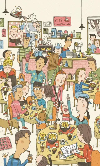 Colorful illustration of crowded coffee shop with people drinking and talking