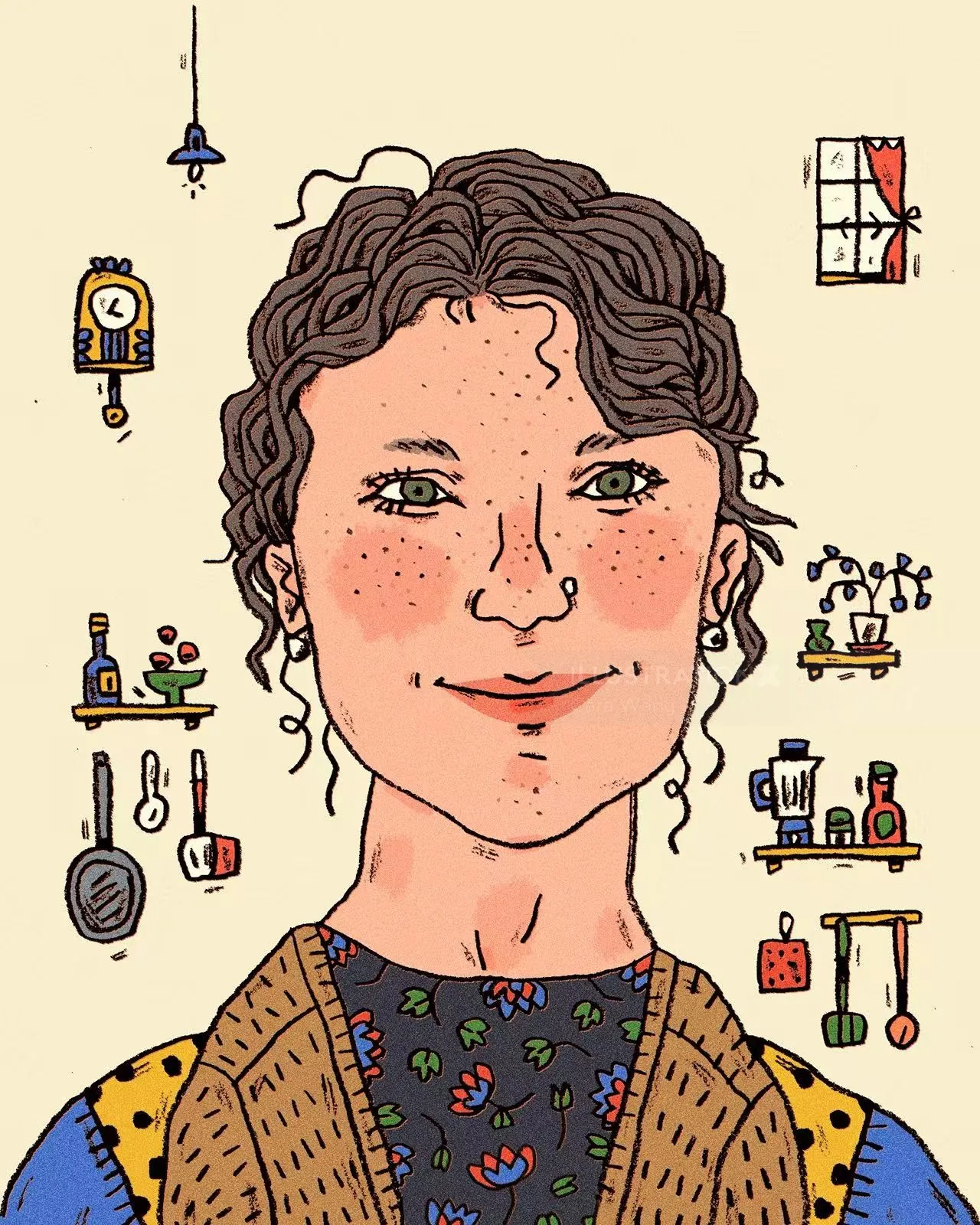 Smiling woman with curly hair in a kitchen surrounded by utensils and plants