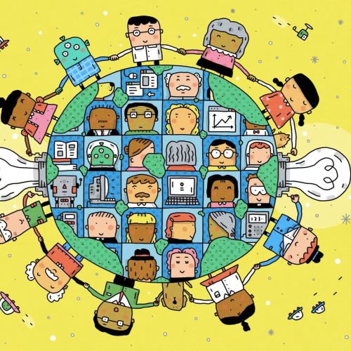 Cartoon diverse people connected around a globe symbolizing teamwork and collaboration
