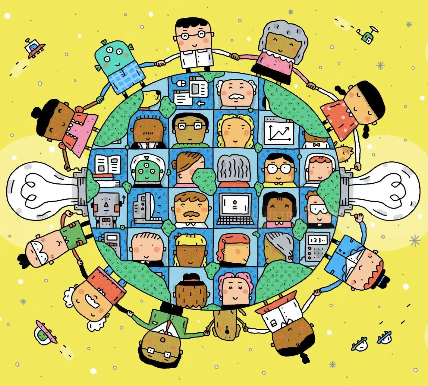 Cartoon diverse people connected around a globe symbolizing teamwork and collaboration