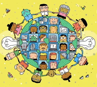 Cartoon diverse people connected around a globe symbolizing teamwork and collaboration